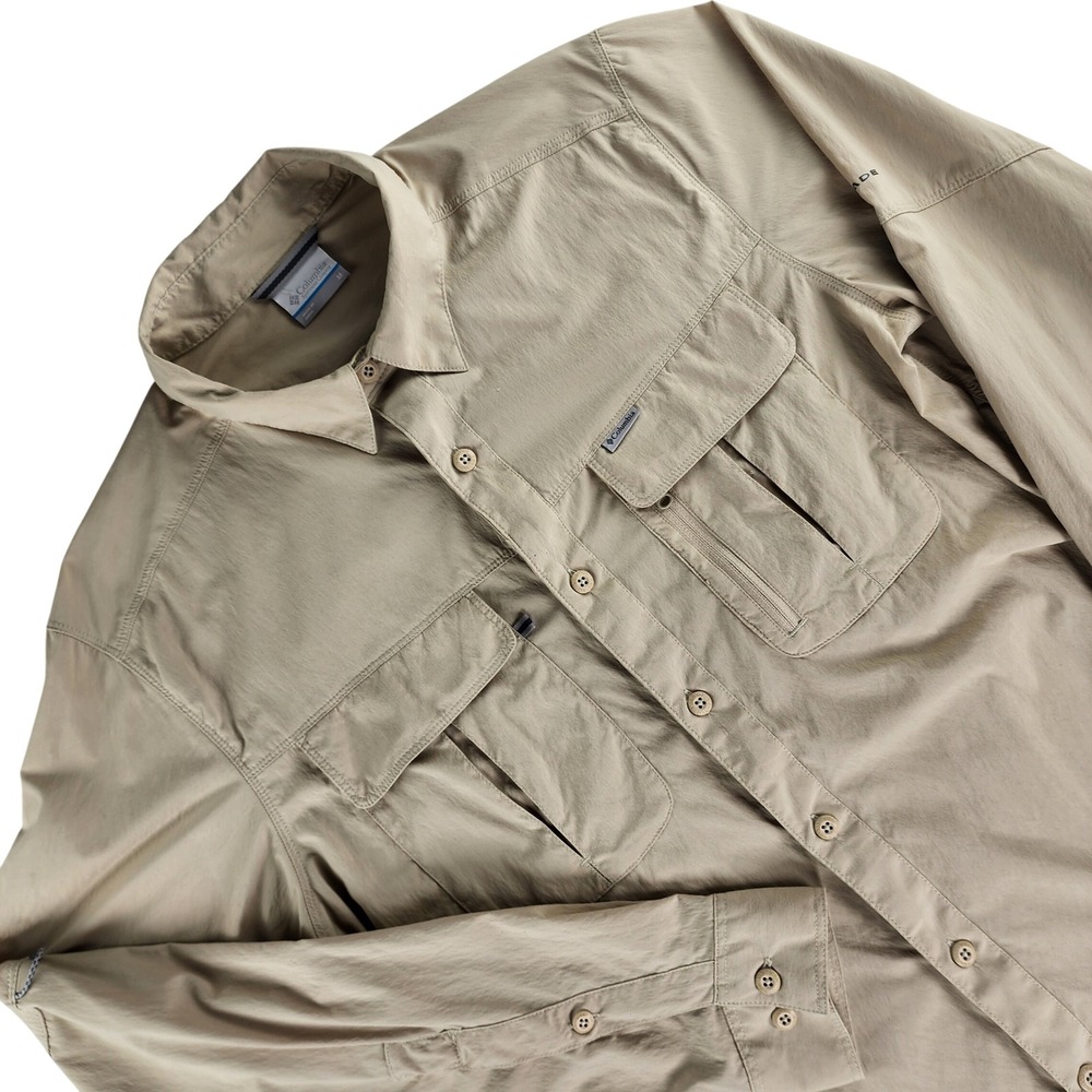 Columbia Button Up Shirt Mens M Tan Outdoor Hiking Omni-Shade Nylon